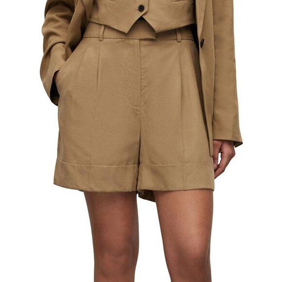 AllSaints Womens Deri Lyn Pleated Shorts Linen Blend Brown 10